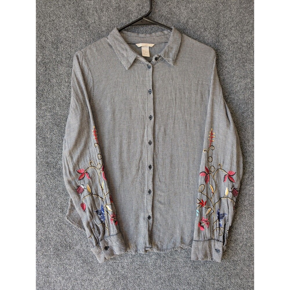 H&M Embroidered Hummingbird Floral Shirt Boho Cottagecore Houndstooth